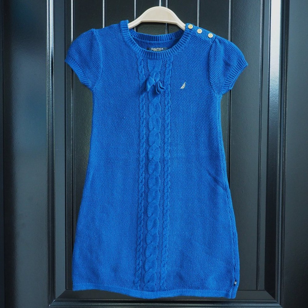 Nautica Girls' Woven Navy Blue Sweater Dress with Buttons - L(6)